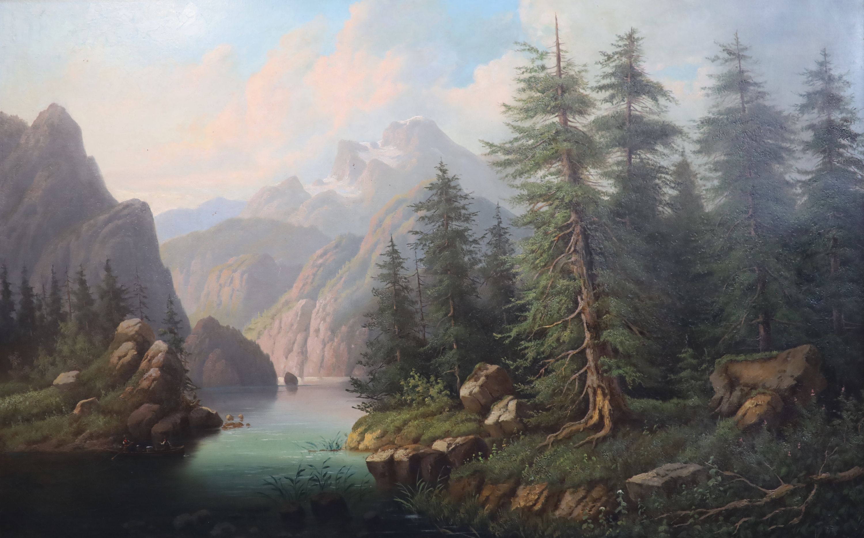 Edouard Boehm (1830-1896) Boatman in an alpine river landscape 26 x 41in.